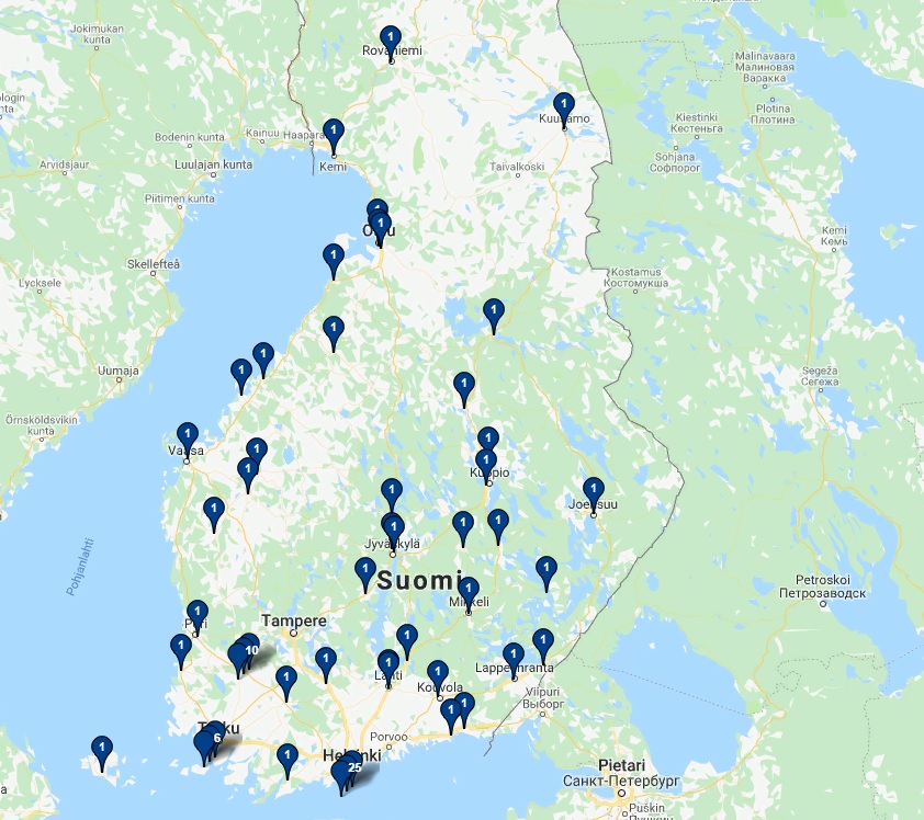 Магазины Юск на карте Финляндии