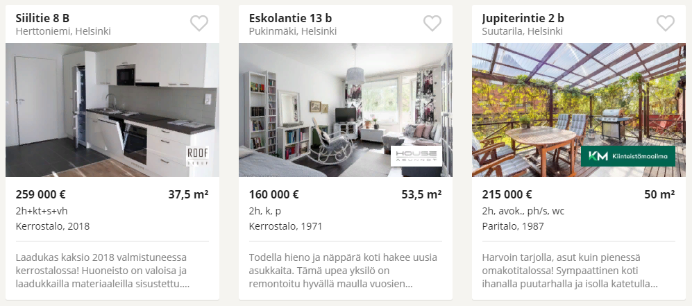 Объявления о продаже недвижимости на финском сайте, предложения в Хельсинки