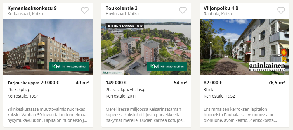Объявления о продаже недвижимости на финском сайте, предложения в Котке
